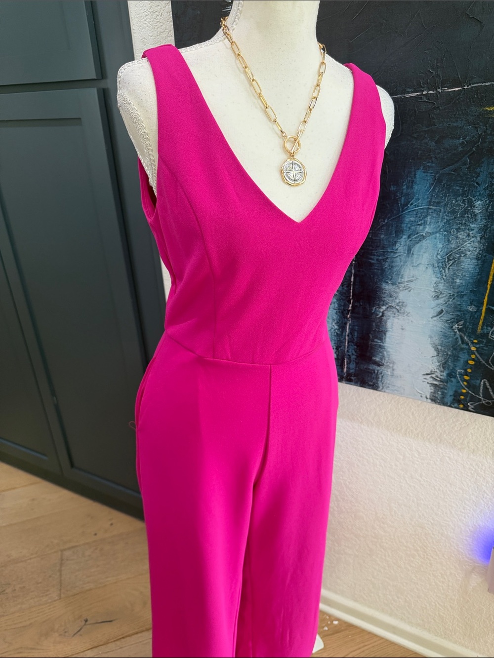 Sleeveless V-Neck Fuchsia Wide-Leg Jumpsuit Size Medium